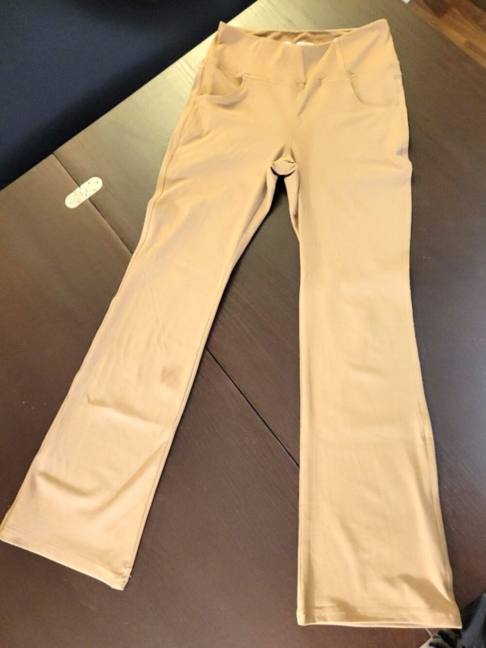 VOOVEEYA beige high-waisted flared yoga pants